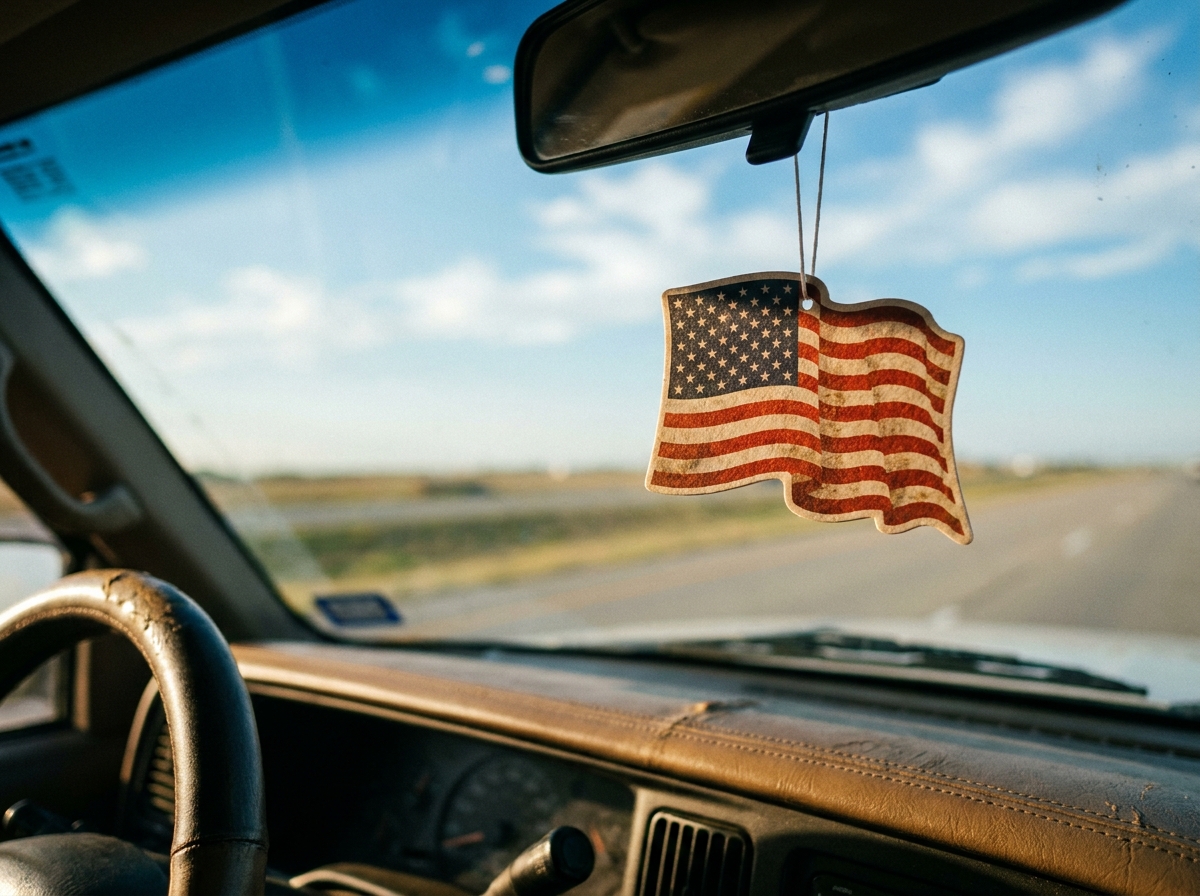 A cut-to-shape freshener hanging from a car mirror